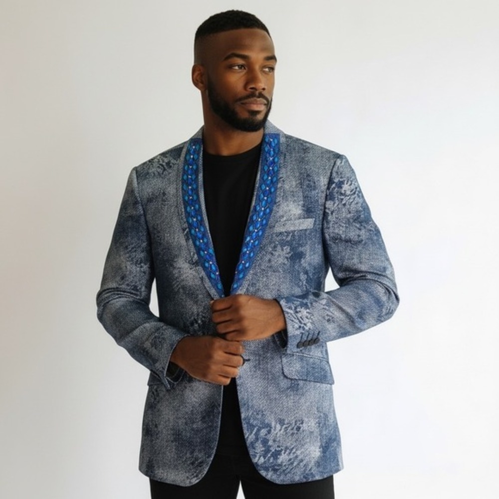 Giovanni Testi Men's Blue Metallic Beaded Blazer‎ Sport Coat Gala Party NYE
